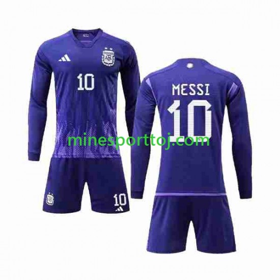 Argentina 3 Stars Lionel Messi 10 Børne Udebane Fodboldtrøje VM 2022 med Korte Ærmer