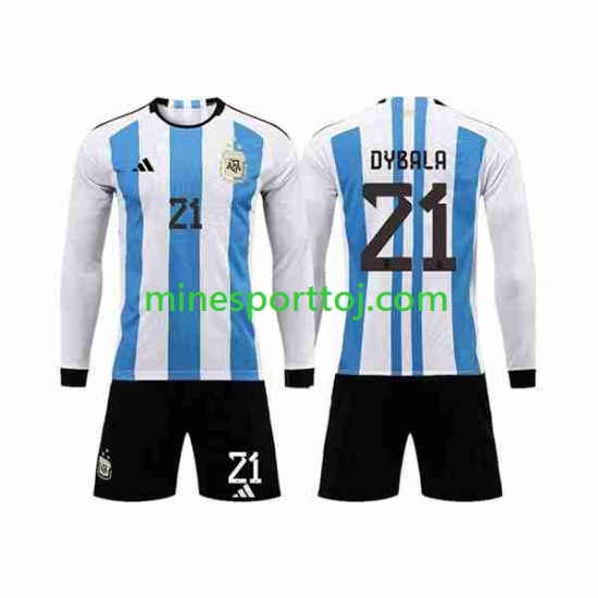 Argentina 3 Stars Paulo Dybala 21 Børne Hjemmebane Fodboldtrøje VM 2022 med Korte Ærmer Argentina 3 Stars Paulo Dybala 21 Børne Hjemmebane Fodboldtrøje VM 2022 med Korte Ærmer