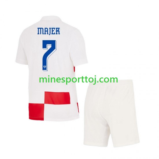 Kroatien Lovro Majer 7 Euro 2024 Børne Hjemmebane Fodboldtrøje Lange Ærmer
