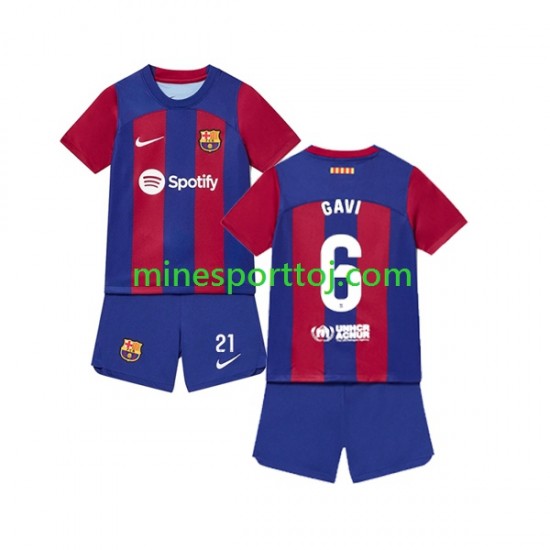 FC Barcelona Gavi 6 Børne Hjemmebane Fodboldtrøje 2023-2024 Lange Ærmer