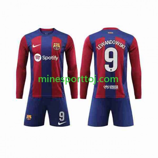 FC Barcelona LEWANDOWSKI 9 Børne Hjemmebane Fodboldtrøje 2023-2024 med Korte Ærmer