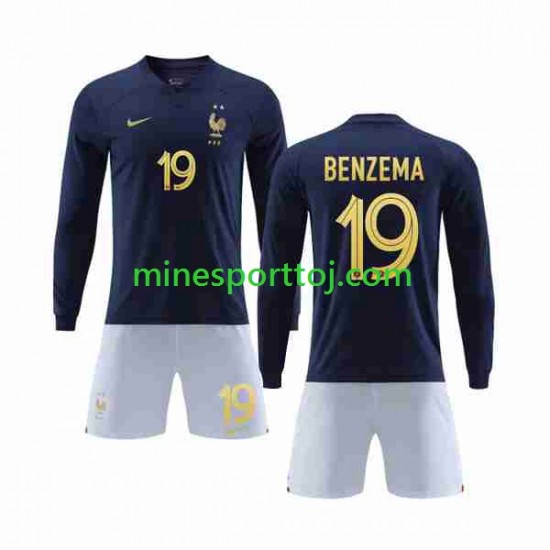Frankrig Benzema 19 Børne Hjemmebane Fodboldtrøje VM 2022 med Korte Ærmer