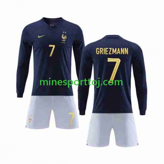 Frankrig Griezmann 7 Børne Hjemmebane Fodboldtrøje VM 2022 med Korte Ærmer