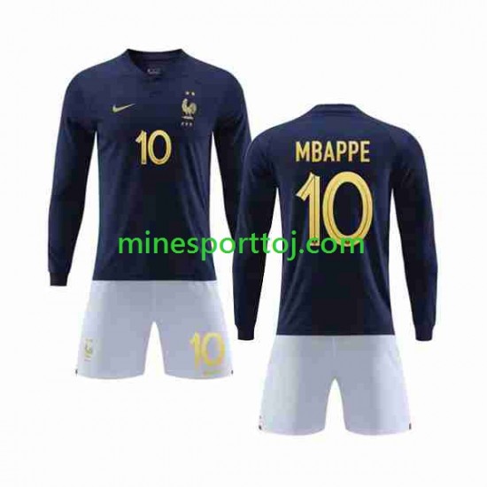 Frankrig Mbappe 10 Børne Hjemmebane Fodboldtrøje VM 2022 med Korte Ærmer