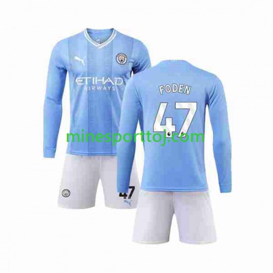 Manchester City Phil Foden 47 Børne Hjemmebane Fodboldtrøje 2023-2024 med Korte Ærmer Manchester City Phil Foden 47 Børne Hjemmebane Fodboldtrøje 2023-2024 med Korte Ærmer