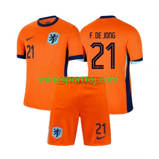 Holland Frenkie de Jong 21 Euro 2024 Børne Hjemmebane Fodboldtrøje Lange Ærmer