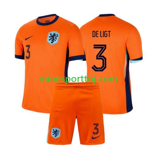 Holland Matthijs de Ligt 3 Euro 2024 Børne Hjemmebane Fodboldtrøje Lange Ærmer