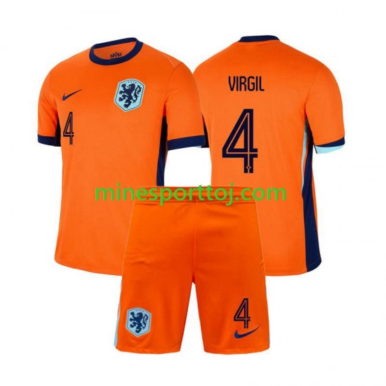 Holland Virgil van Dijk 4 Euro 2024 Børne Hjemmebane Fodboldtrøje Lange Ærmer